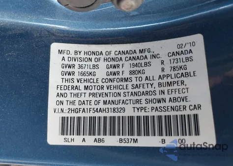 2010 Honda Civic Lx из США, поврежденный, VIN 2HGFA1F54AH318329